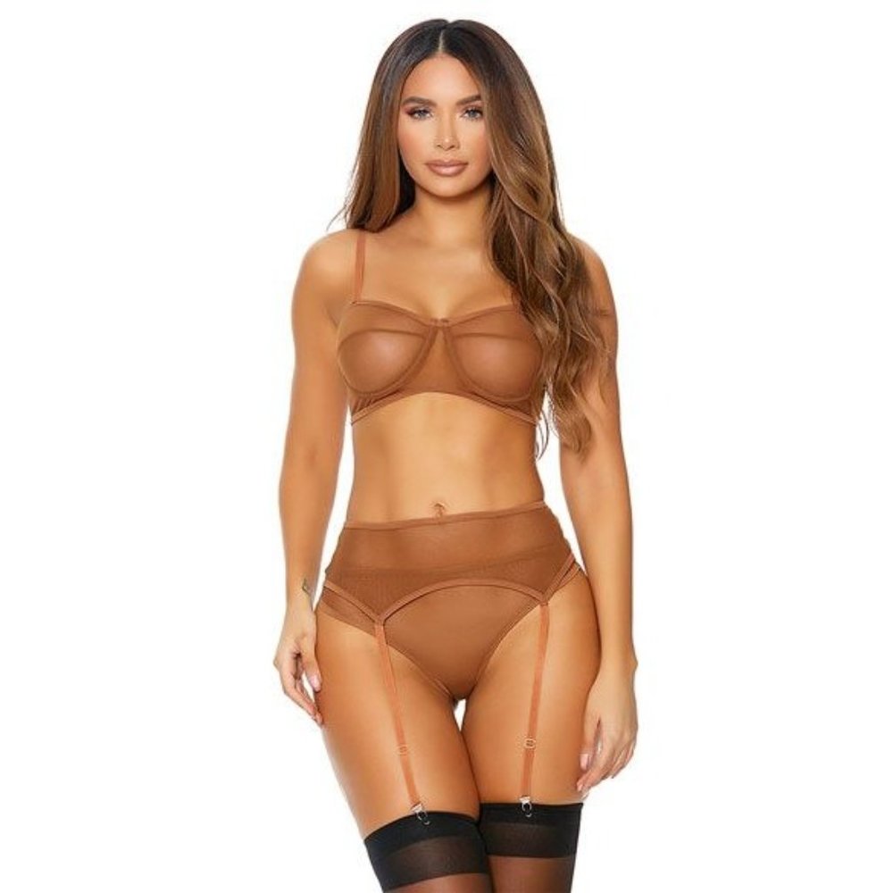 FORPLAY Skin deep sheer 3 piece Bra, Panty and garter belt set TOFFEE MSRP $44
